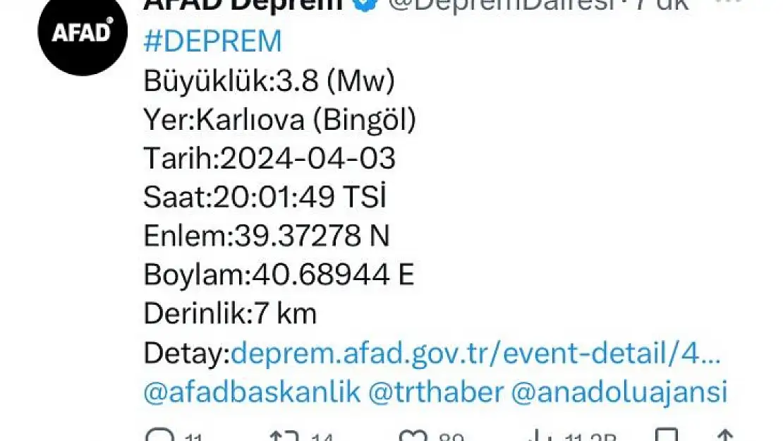 Bingöl'de 3.8 büyüklüğünde deprem