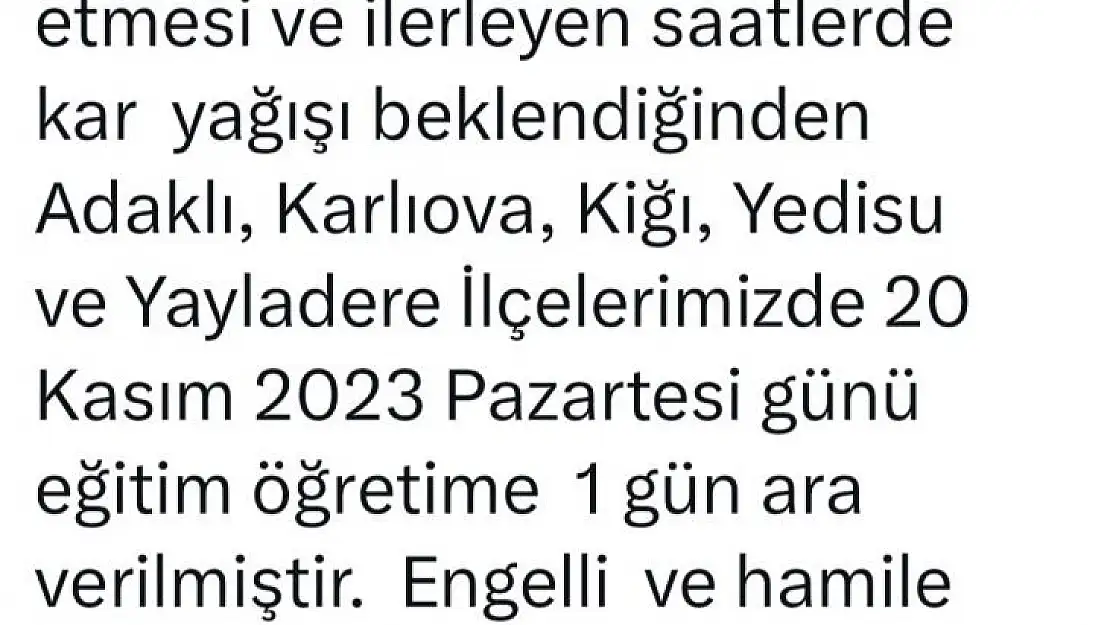 Bingöl'ün 5 ilçesinde okullar tatil edildi