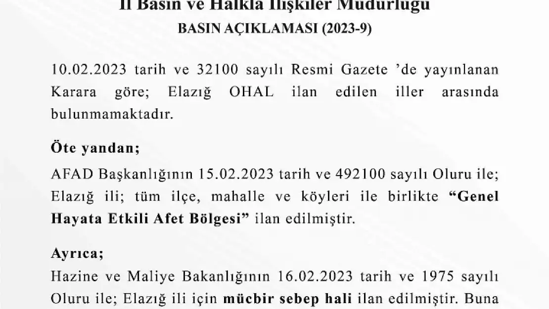 Elazığ Valiliği'nden OHAL açıklaması