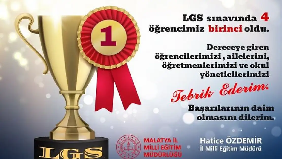 LGS'de Malatya'dan 4 öğrenci birinci