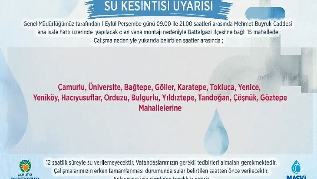 Malatya'da su kesintileri yaşanacak