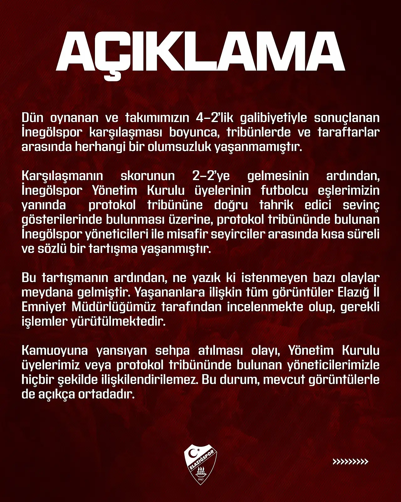 Elazığspor'dan tribün olaylarıyla ilgili kamuoyu açıklaması