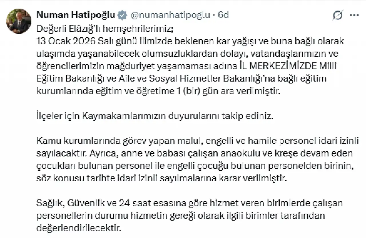 Vali Hatipoğlu duyurdu: Elazığ il merkezinde eğitime 1 gün ara verildi