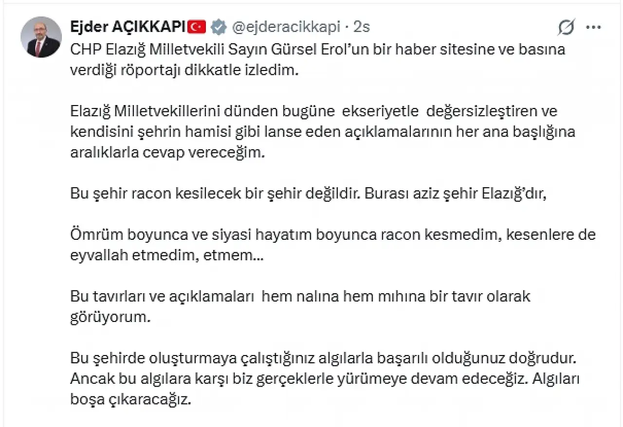 Vekil Açıkkapı'dan Gürsel Erol'a: 'Bu şehir racon kesilecek bir şehir değildir!'