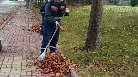 Belediye ekiplerinden yaprak üfleme makinesi ile sonbahar temizliği