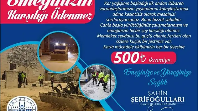 Başkan Şerifoğulları'ndan karla mücadele ekiplerine ikramiye jesti
