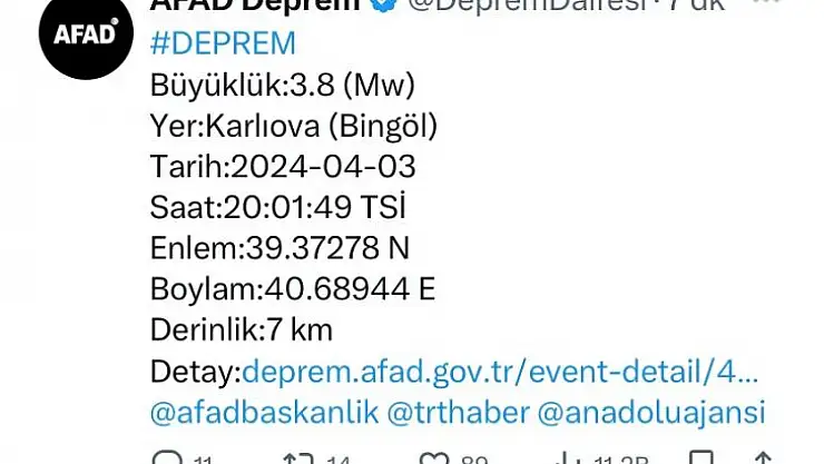 Bingöl'de 3.8 büyüklüğünde deprem
