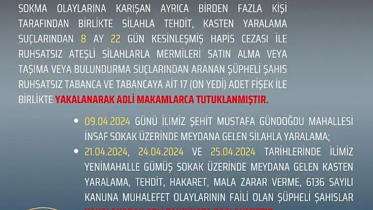 Bingöl'de asayiş şube müdürlüğü nisan ayı faaliyetlerini açıkladı