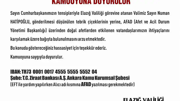 Elazığ'ın yeni Valisi Hatipoğlu, çiçek yerine AFAD'a bağışta bulunulmasını istedi