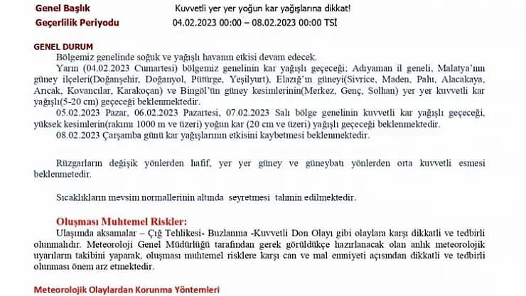 Meteorolojiden Elazığ ve çevre illere uyarı