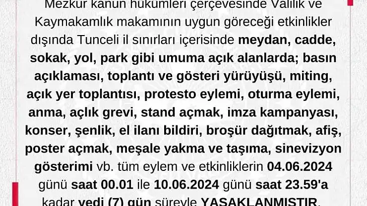 Tunceli'de gösteri ve yürüyüşler 7 gün boyunca yasaklandı